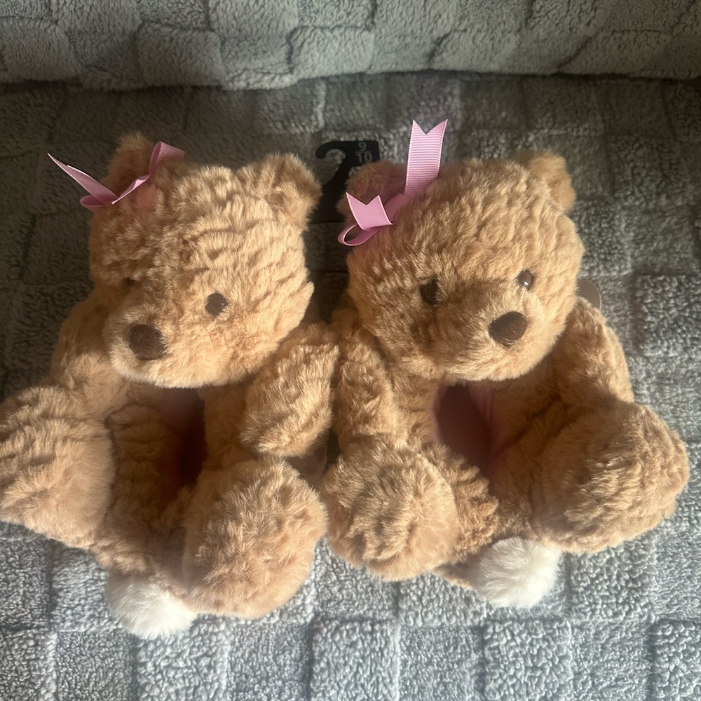 wonder nation Brown Teddy Bear Plush Slippers with Pink Bows